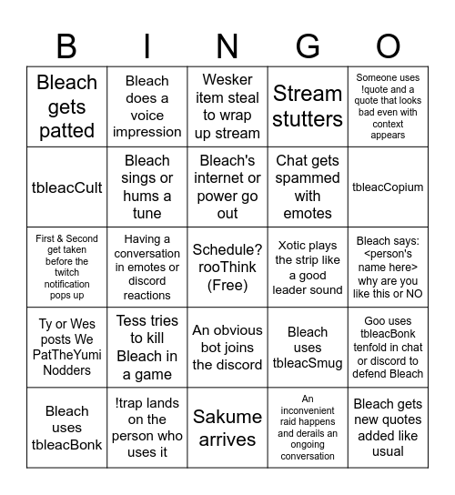 Bleach's community & stream bingo Card