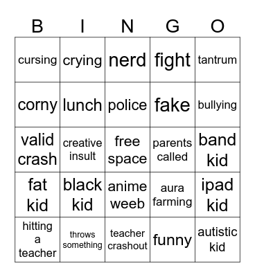 school crashout bingo Card