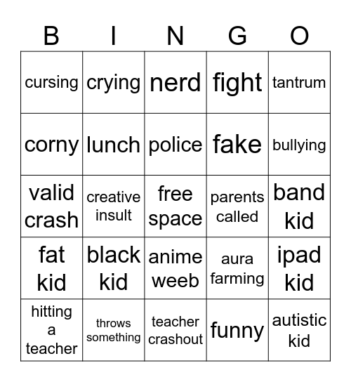school crashout bingo Card