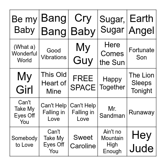 1960's Bingo Card