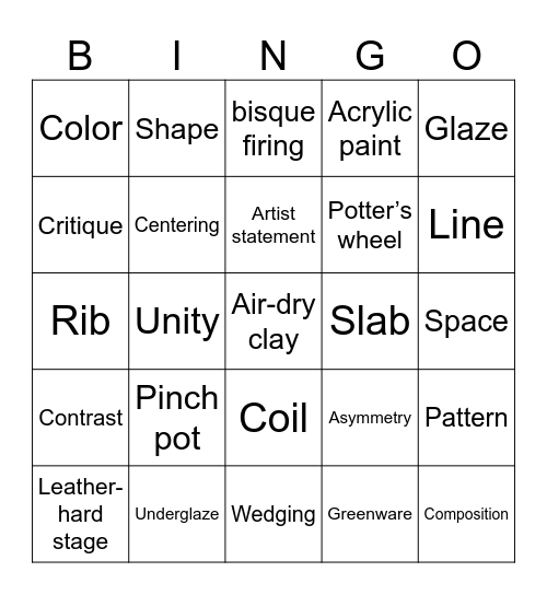 Ceramics Final Bingo Card