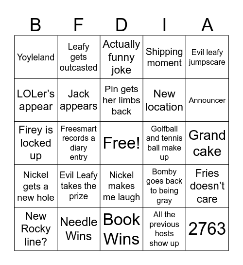 BFDIA 25 Bingo Card Bingo Card