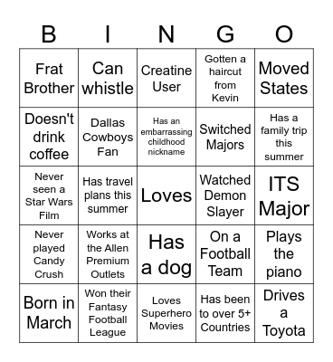 Ethan's Bingo Card