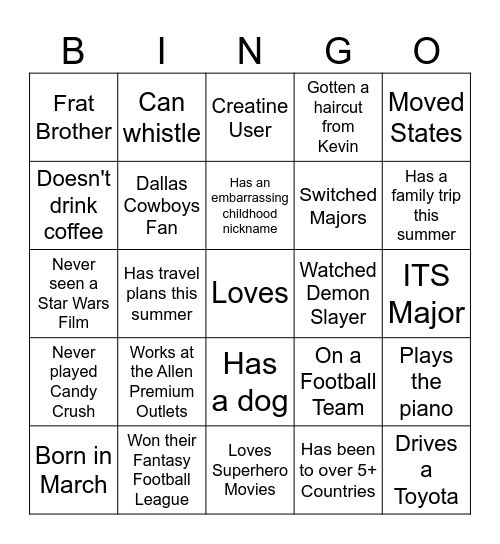 Ethan's Bingo Card