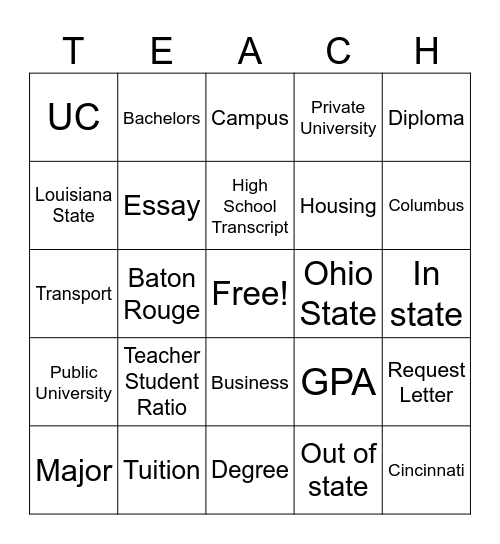 College Bingo Card