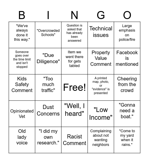 Public Meeting Bingo Card