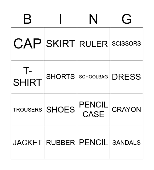 2nd Form Bingo Card