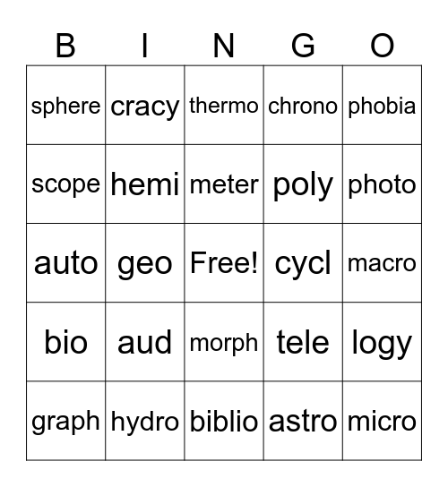 RbD Volume 5- Greek Roots Bingo Card