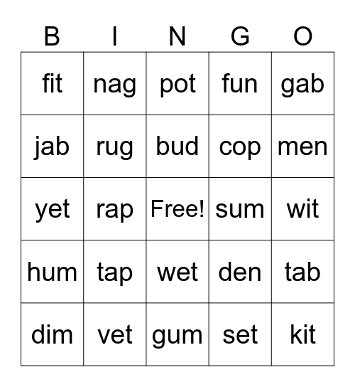 CVC Word Bingo Card