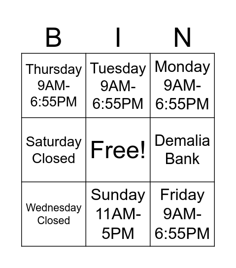 Opening Hours Bingo Card