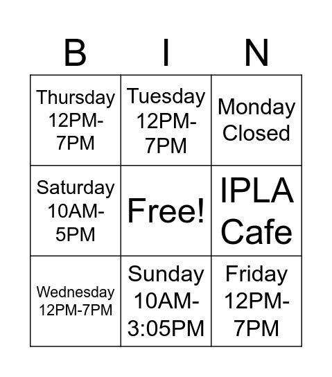 Opening Hours Bingo Card