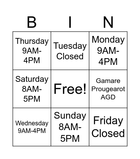 Opening Hours Bingo Card