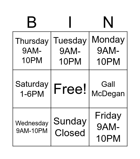 Opening Hours Bingo Card