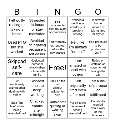 Burnout Bingo Card