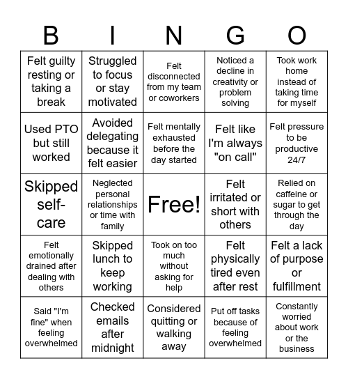 Burnout Bingo Card