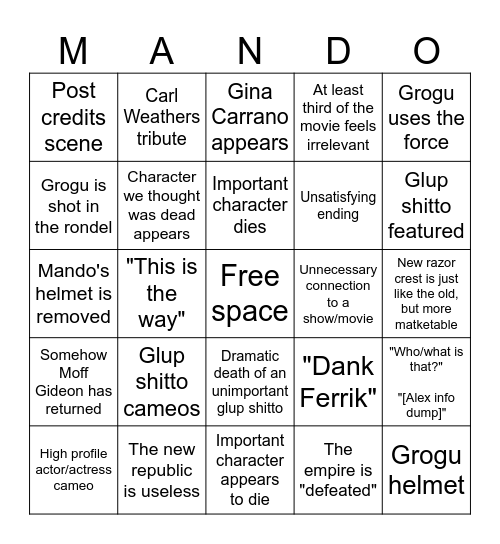 Mandalorian and Grogu movie Bingo Card