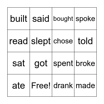Simple Past of Irregular Verbs Bingo Card