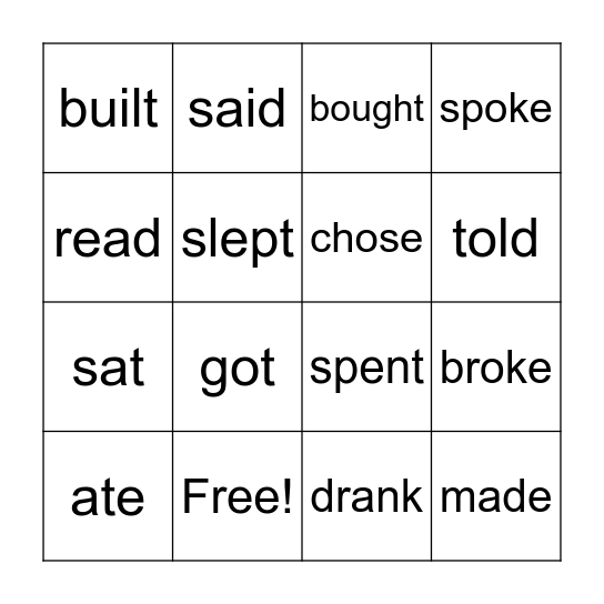 Simple Past of Irregular Verbs Bingo Card