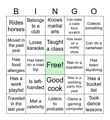 Team Activity Bingo Card