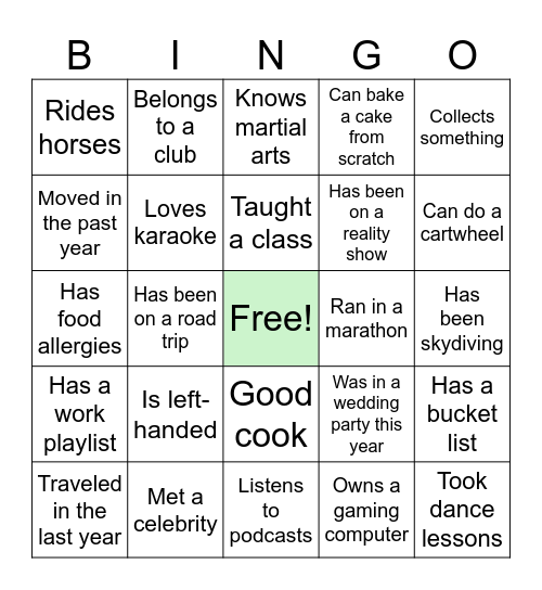 Team Activity Bingo Card