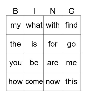 Kindergarten Sight Words Bingo Card