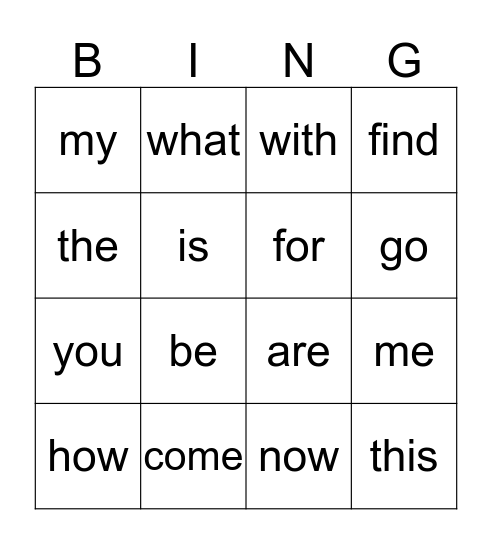 Kindergarten Sight Words Bingo Card