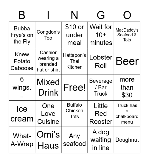 Food Truck Bingo Card