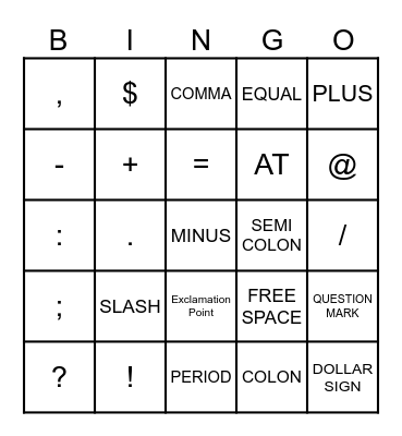 PUNCTUATION Bingo Card