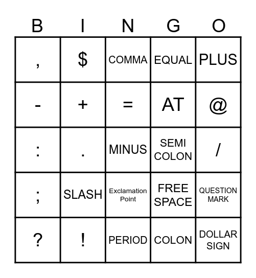 PUNCTUATION Bingo Card