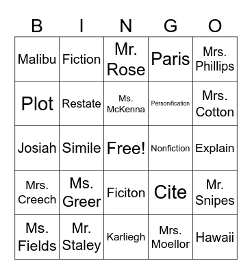 End of Year Bingo Card