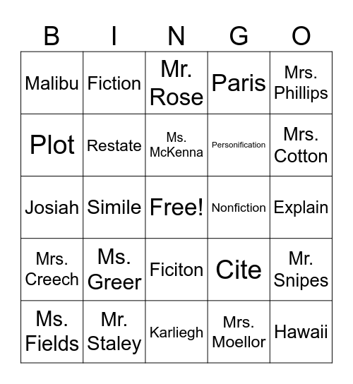 End of Year Bingo Card