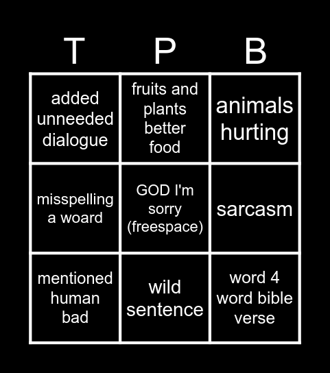 THE PETA BIBL BINGO! Bingo Card