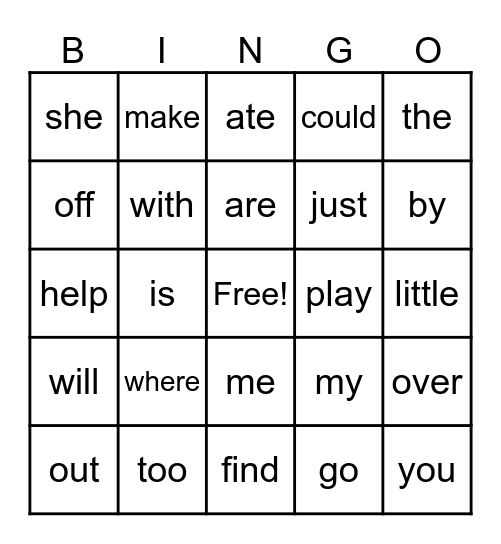 Sight Word Bingo Card