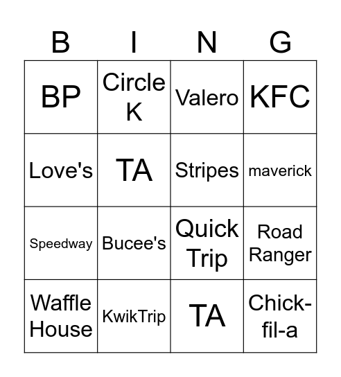 Gas Stations Bingo Card