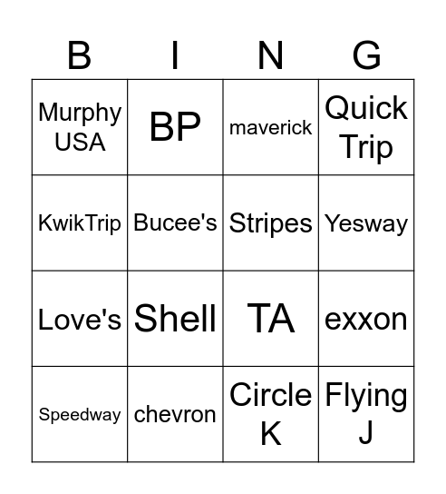 Gas Stations Bingo Card