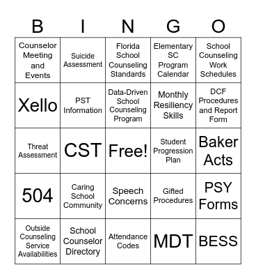 School Counseling Resource Manual Bingo Card