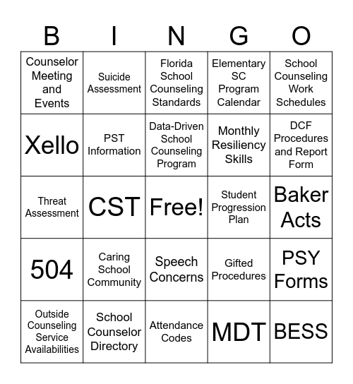 School Counseling Resource Manual Bingo Card