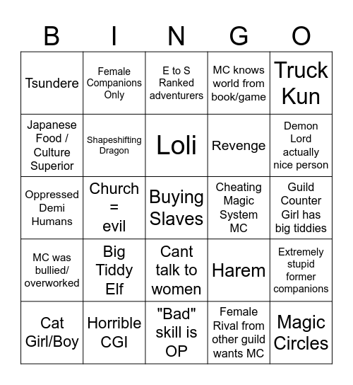 Cultured Isekai Bingo Card