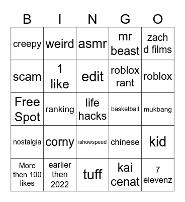 YT SHORTS Bingo Card