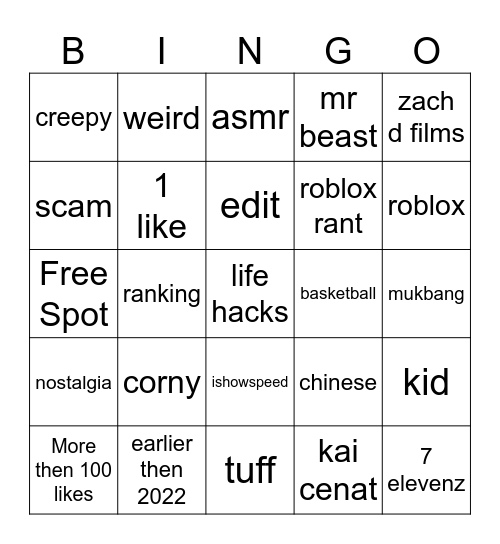 YT SHORTS Bingo Card