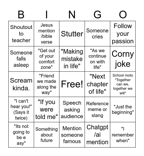 Graduation Speech Bingo Card