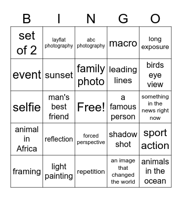 photography Bingo Card