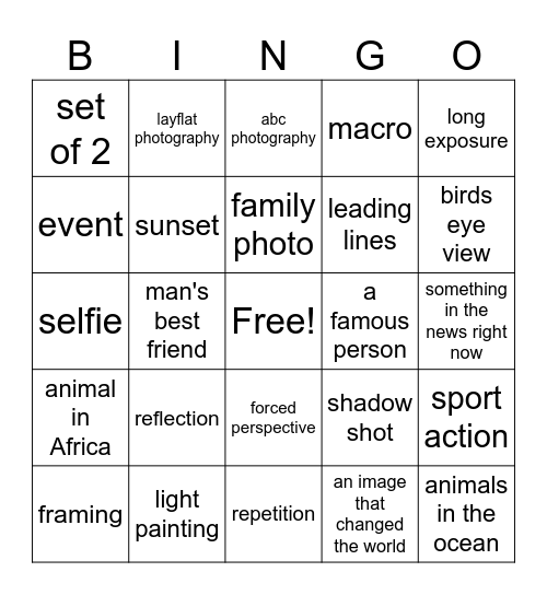 photography Bingo Card