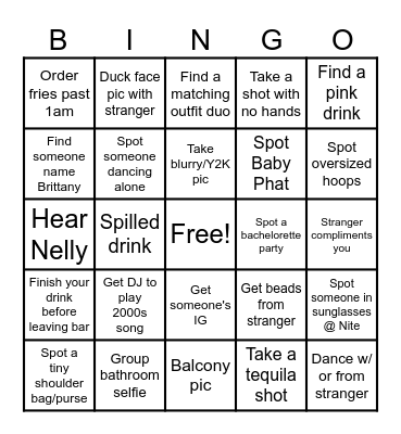 Y2KENN BAR CRAWL Bingo Card