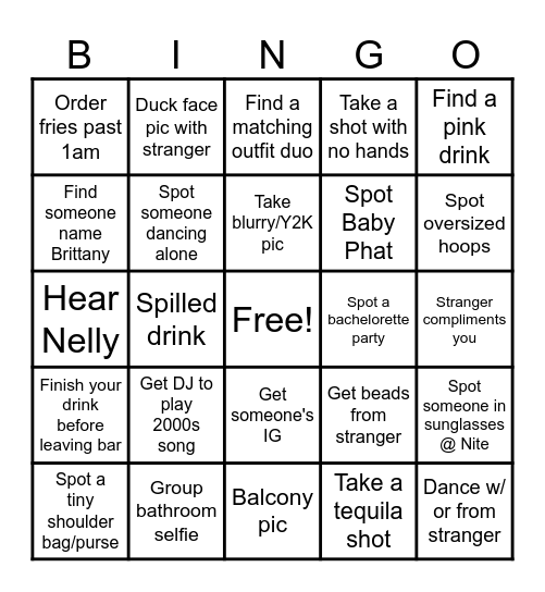 Y2KENN BAR CRAWL Bingo Card