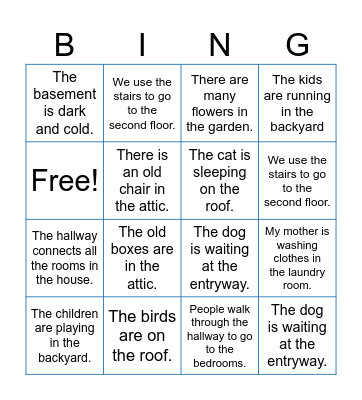 Places in and around the house Bingo Card