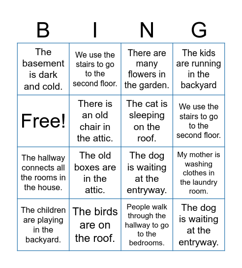 Places in and around the house Bingo Card