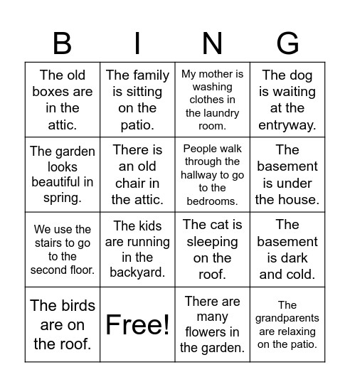 Places in and around the house Bingo Card