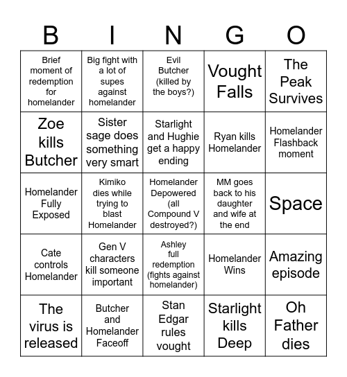 The Boys S5 Finale Bingo Card
