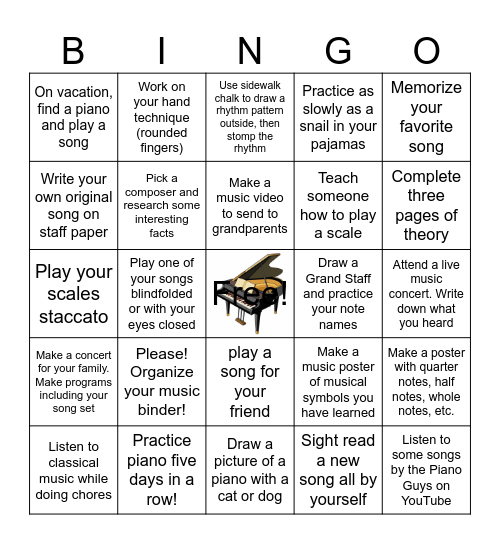 Summer Piano 2026 Bingo Card